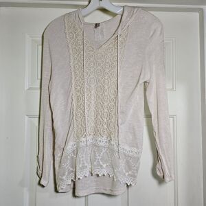 Anthropologie Mauve Cream Ivory Pullover Long Sleeve Hooded Top Lace Medium FLAW